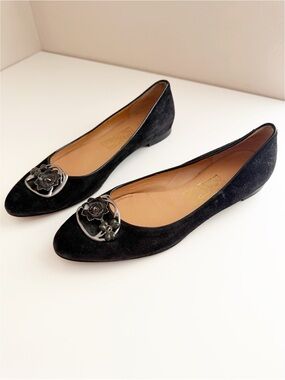 Salvatore Ferragamo Black Suede Ballet Flats with Floral Accent size 9